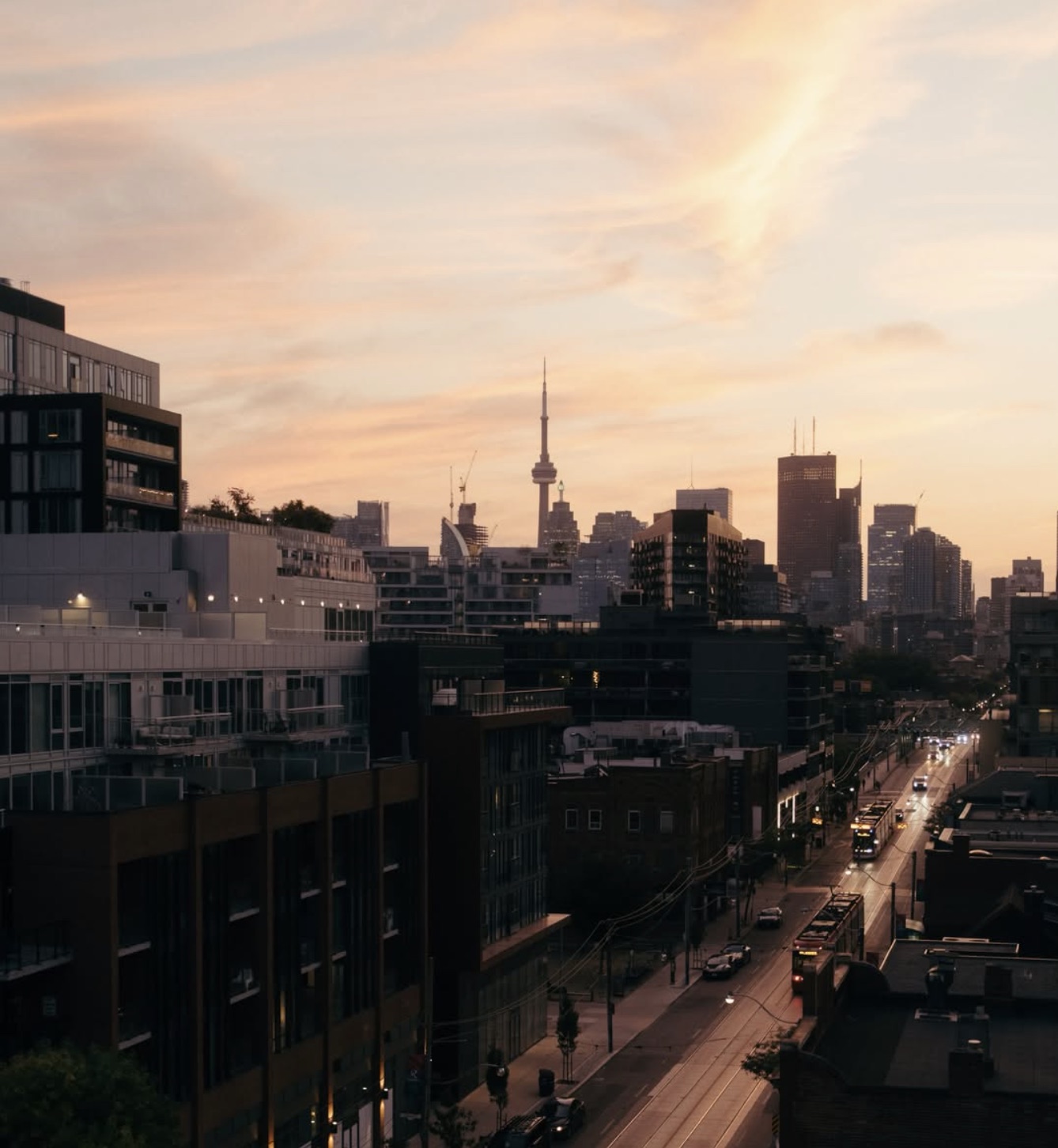 Toronto skyline and the CN Tower at sunset, seen from the East End